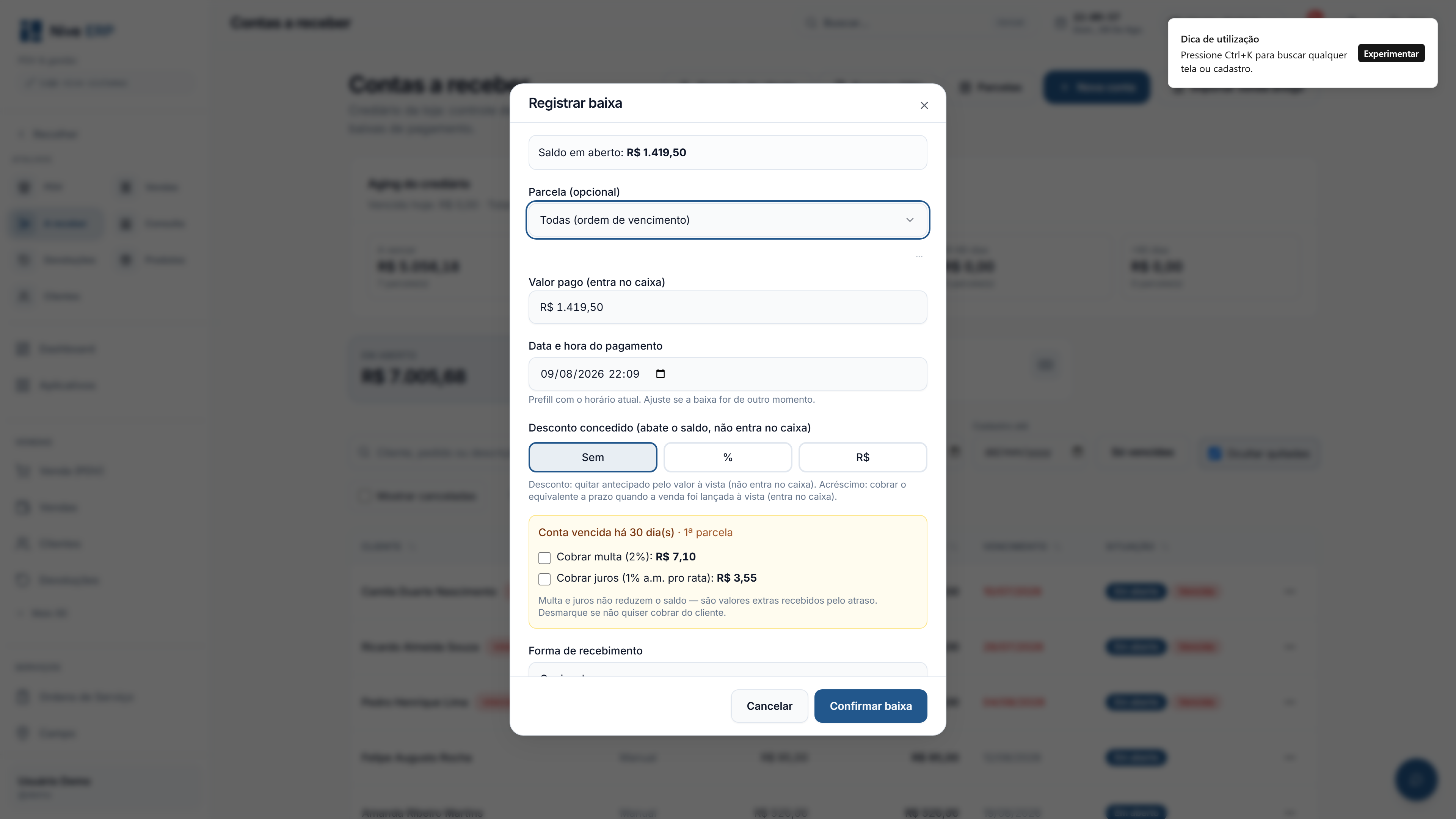 Modal de baixa do cliente no Nive ERP