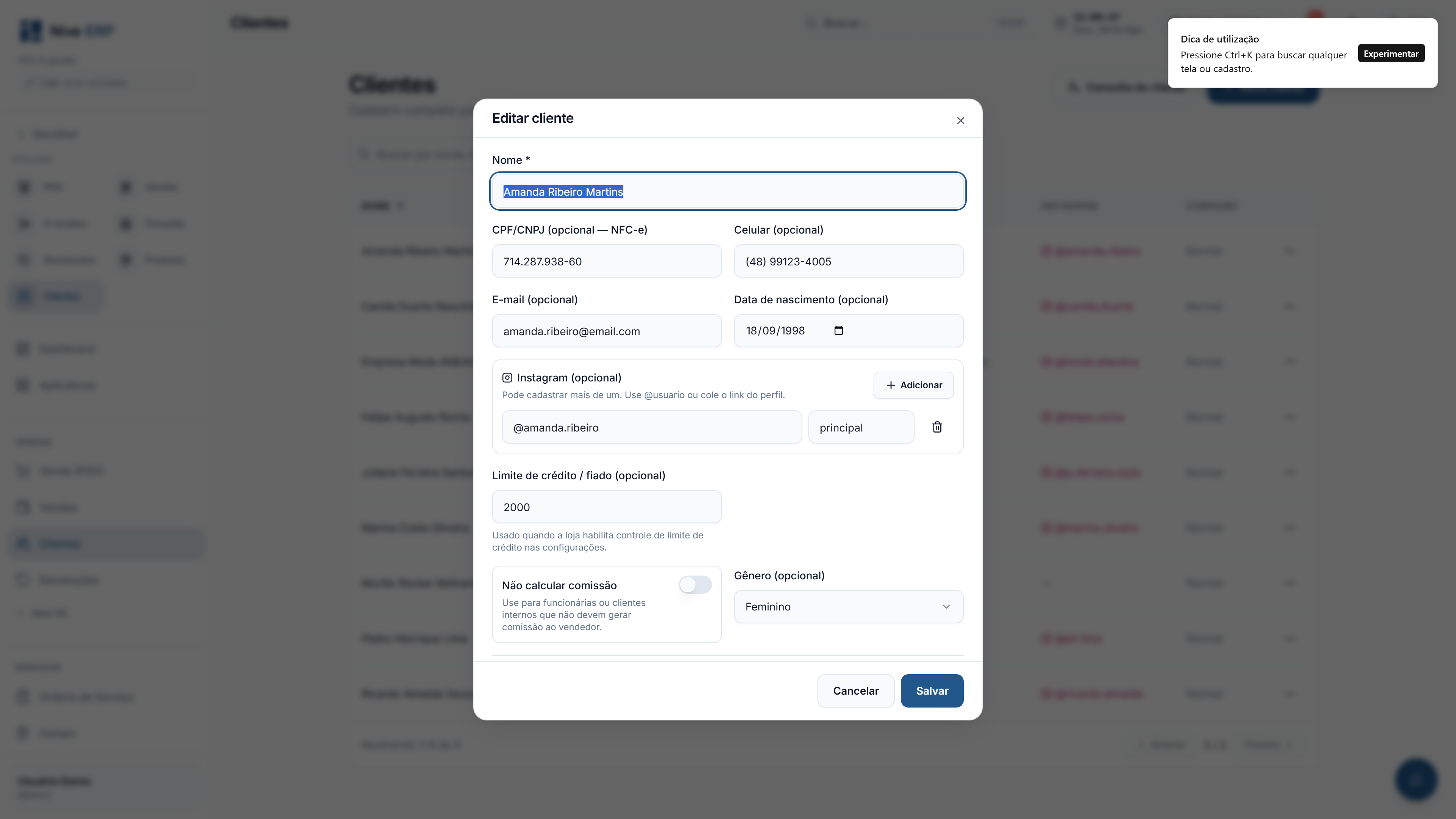 Modal de edição de cliente no Nive ERP