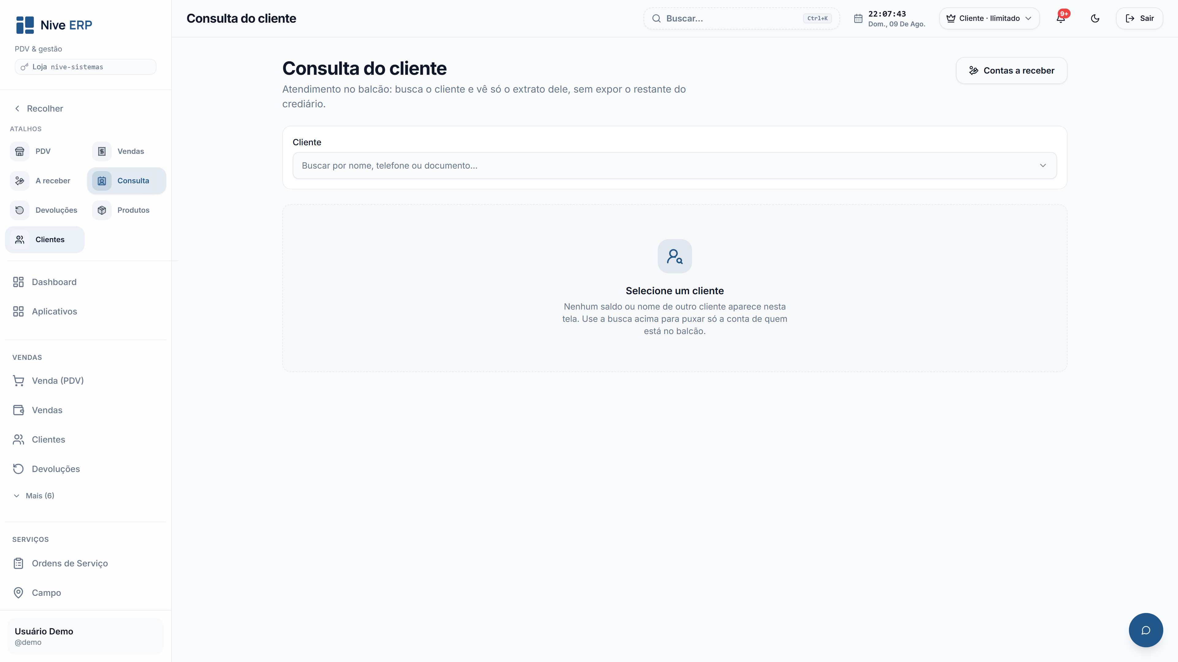 Consulta do cliente no Nive ERP