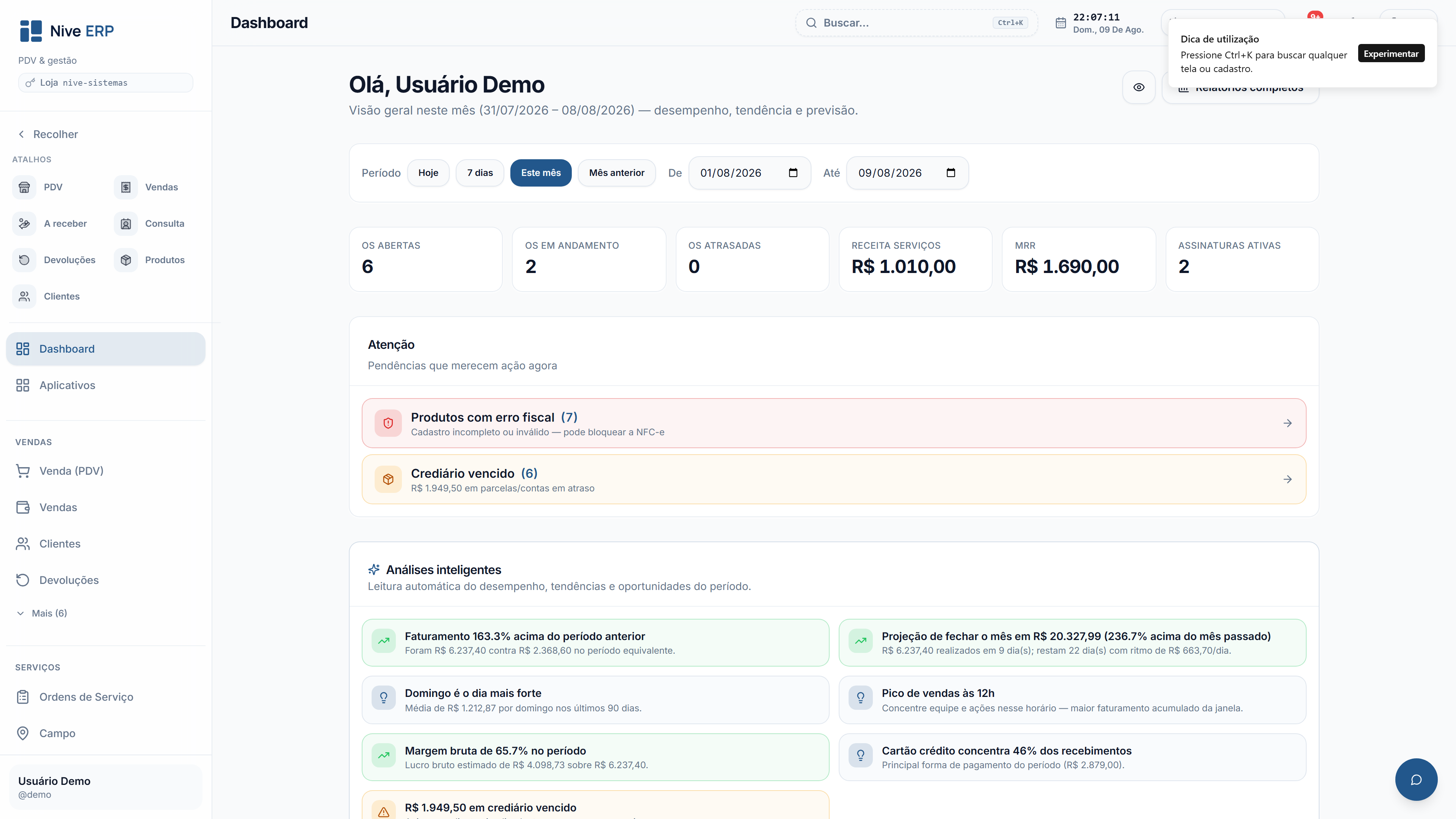 Dashboard do Nive ERP com KPIs e formas de pagamento