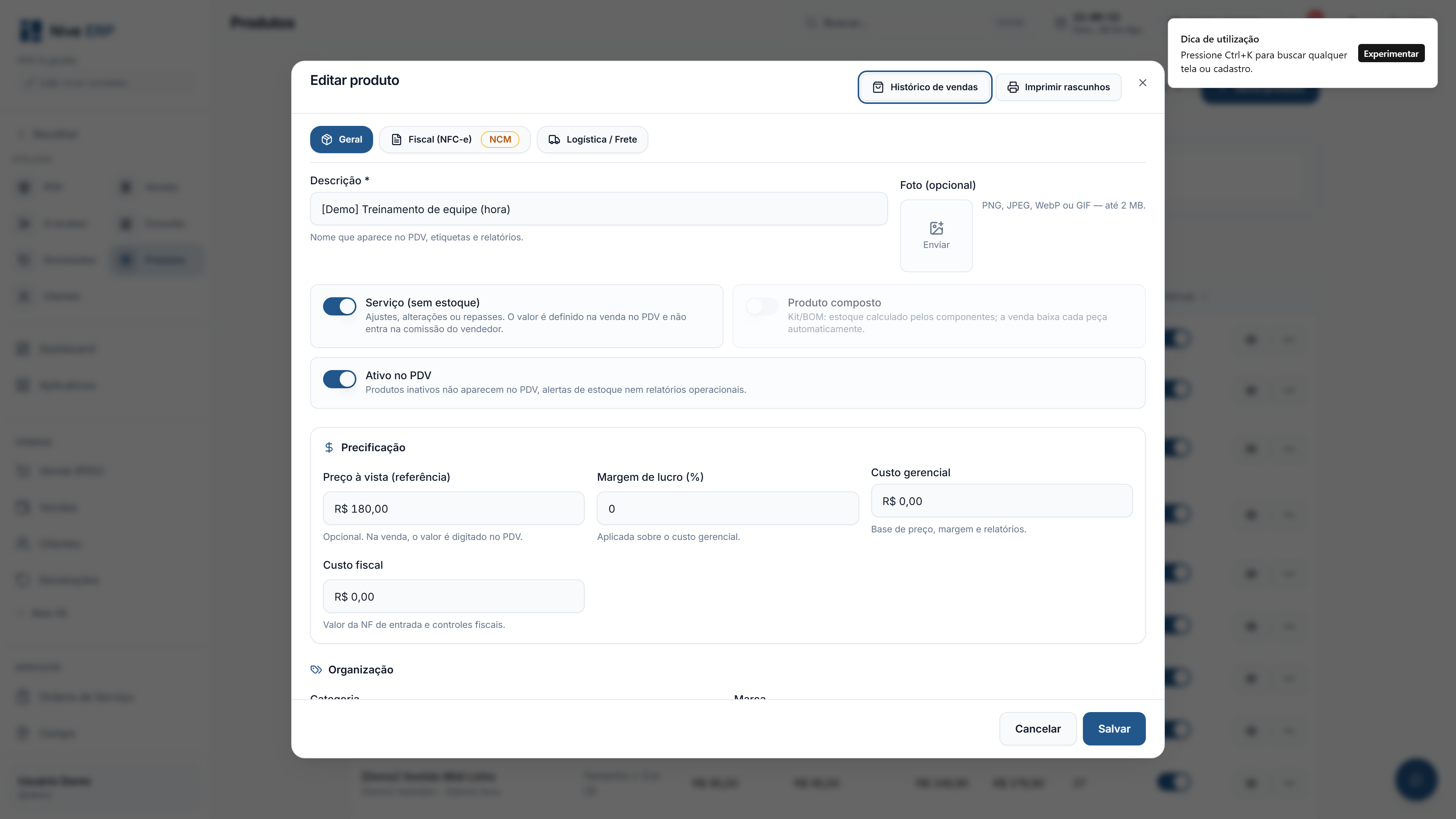 Modal de edição de produto no Nive ERP