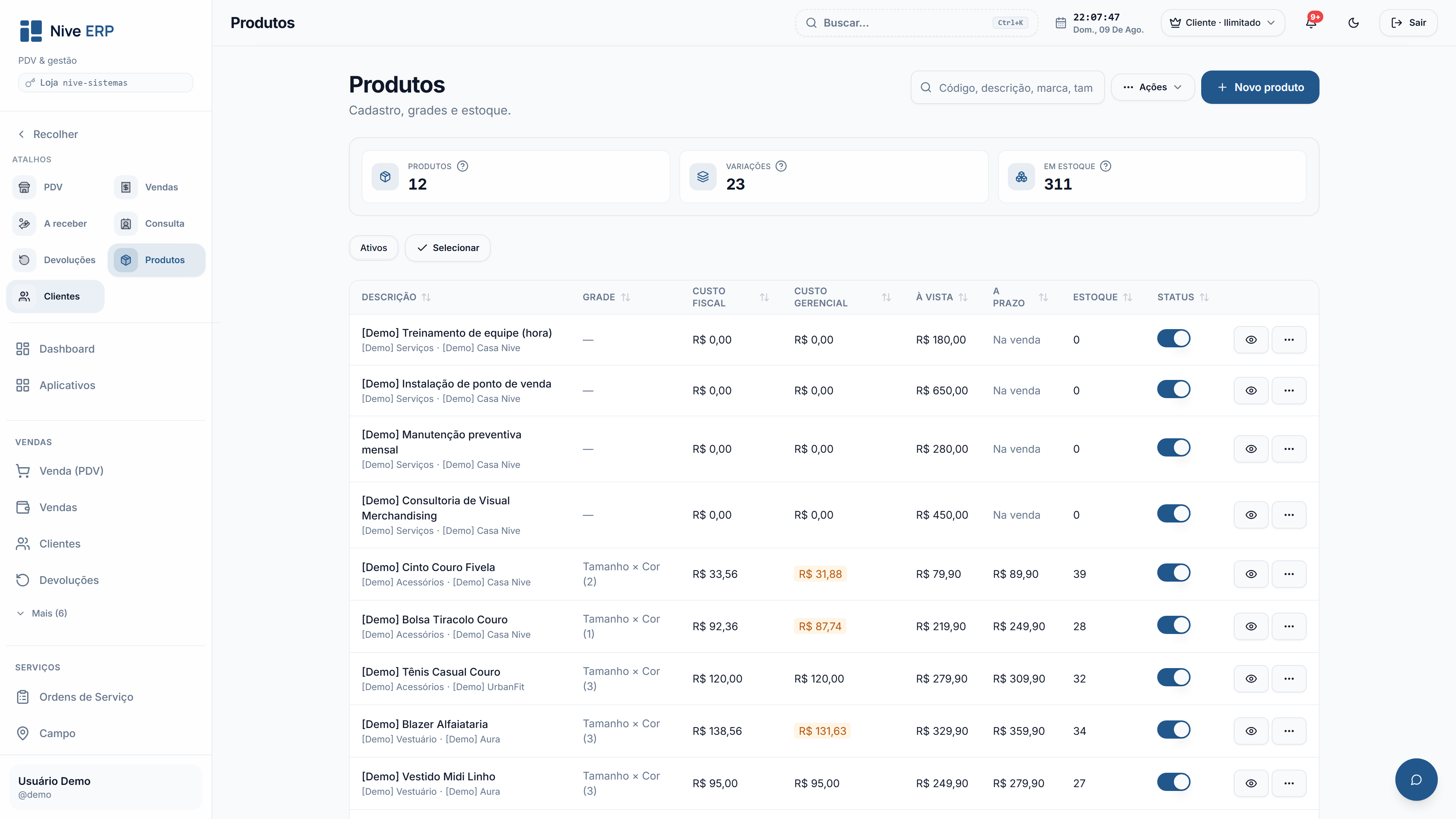 Listagem de produtos no Nive ERP