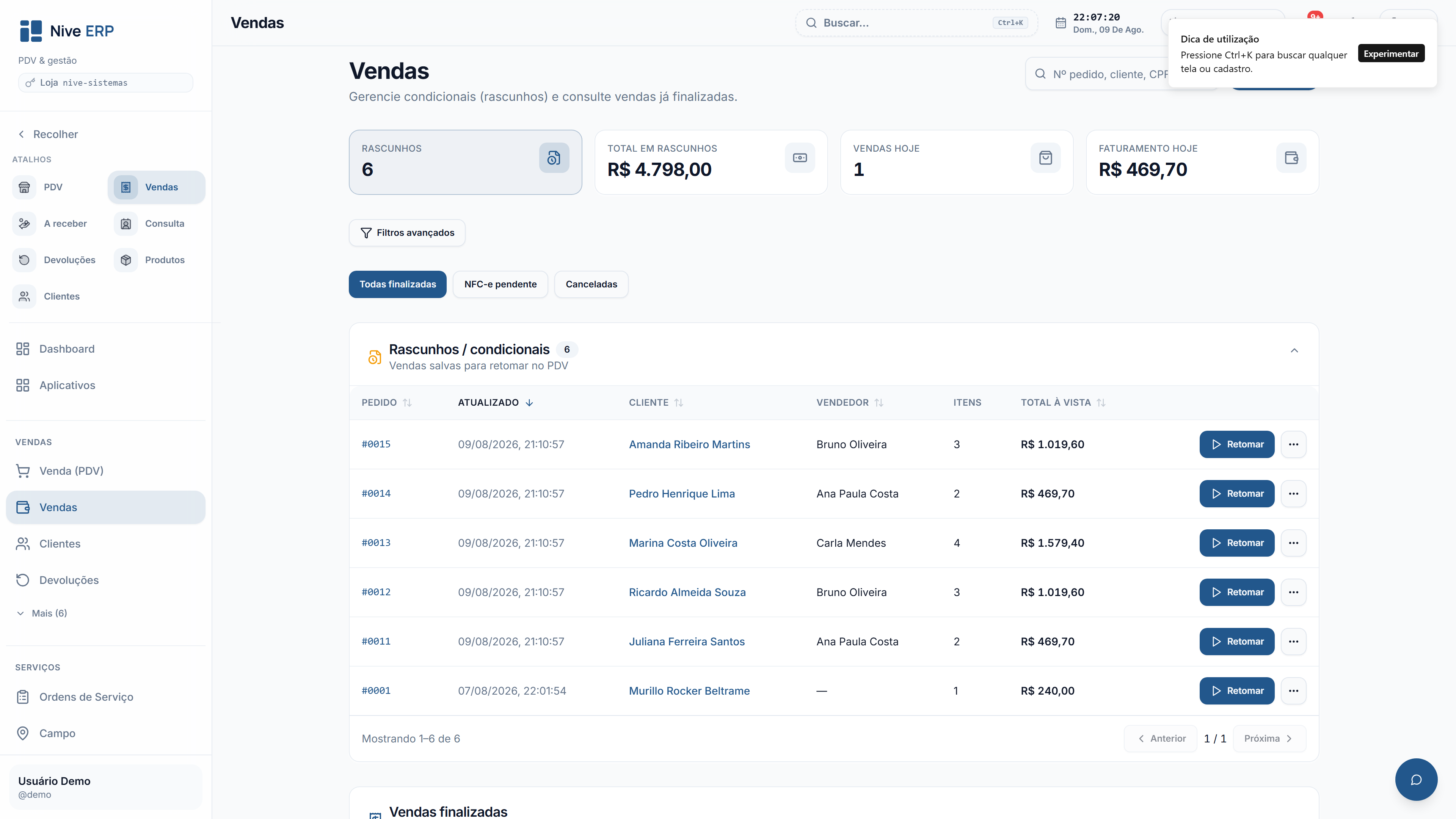 Lista de vendas finalizadas no Nive ERP